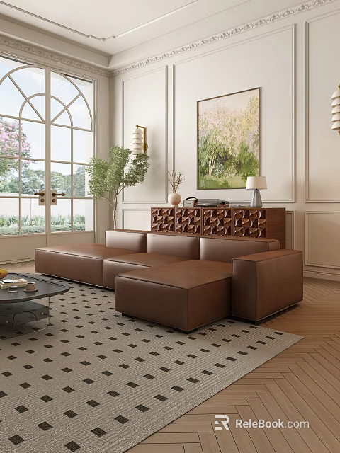 Brown Leather Sectional Sofa in Living Room with Large Windows Green Plant and Decorative Cabinet 3d model 
