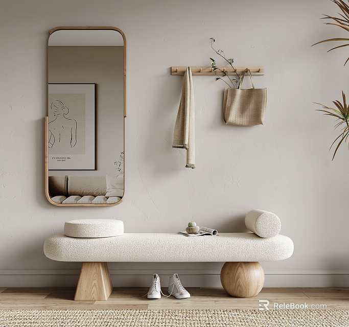 Minimalist White Upholstered Sofa Bench with Round Wooden Legs Mirror Wall Decor and Green Plant 3d model 