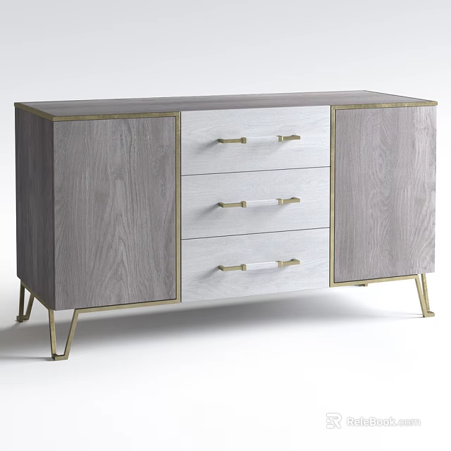 Modern Light Gray Wood Console Sideboard With Gold Metal Frame Legs And Handles 3d model 