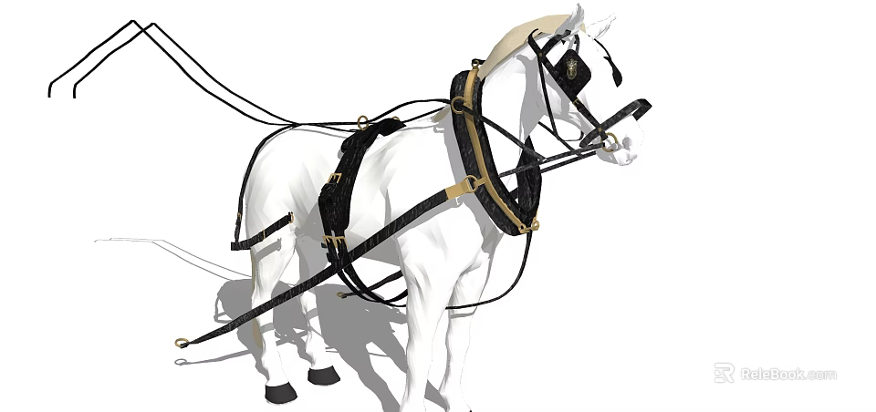 White Horse Adorned With Black And Gold Harness Standing Tall 3d model 