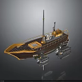Detailed Steampunk Wooden Boat Model With Yellow Chimney Mast And Side Propellers