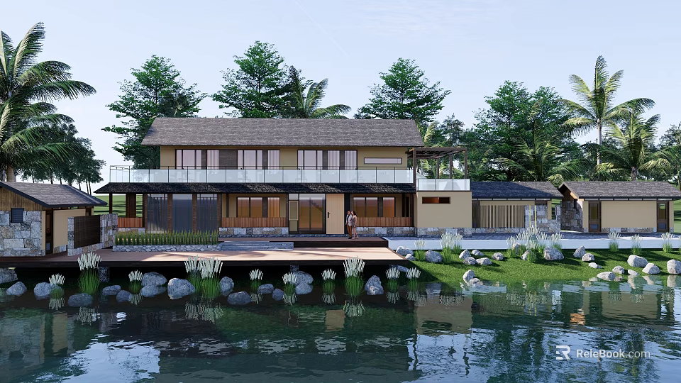 Traditional Waterfront Guesthouse Building With Wooden Terrace And Green Trees Around 3d model 