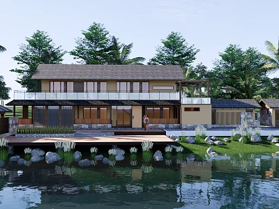 Traditional Waterfront Guesthouse Building With Wooden Terrace And Green Trees Around 3d model