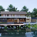 Traditional Waterfront Guesthouse Building With Wooden Terrace And Green Trees Around