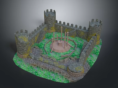 Scenic Medieval Castle Landscape With Stone Walls Towers Circular Central Structure And Green Grass Pathways 3d model
