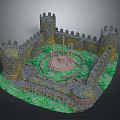 Scenic Medieval Castle Landscape With Stone Walls Towers Circular Central Structure And Green Grass Pathways