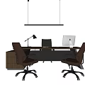 Wooden Office Desk With Three Leather Chairs Desk Lamp And Computer Monitor
