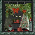 Christmas Themed Window Display With Decorated Trees Red Bows Gift Boxes Reindeer And Santa Claus