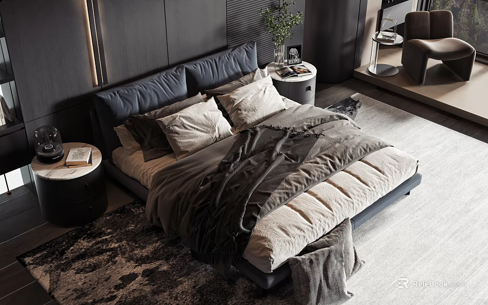 Modern Double Bed Bedroom Interior With Dark Leather Headboard Soft Gray Beige Bedding And Nightstands 3d model 