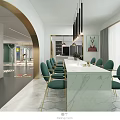 Modern Open Public Office Space With Colorful Circular Floor Mats And Green Decorative Elements
