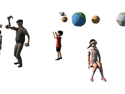 Group of People Wearing VR Headsets Exploring Virtual Planets In Space Experience 3d model