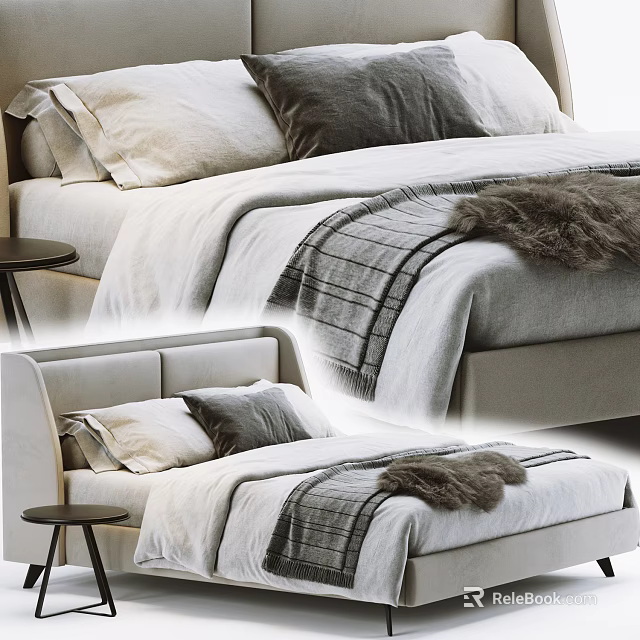 Modern Double Bed Interior Design With Plush Blanket And Decorative Pillows 3d model 