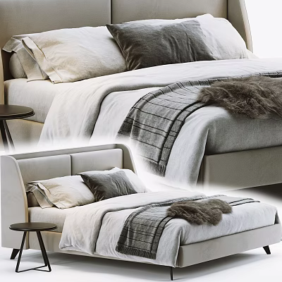 Modern Double Bed Interior Design With Plush Blanket And Decorative Pillows 3d model