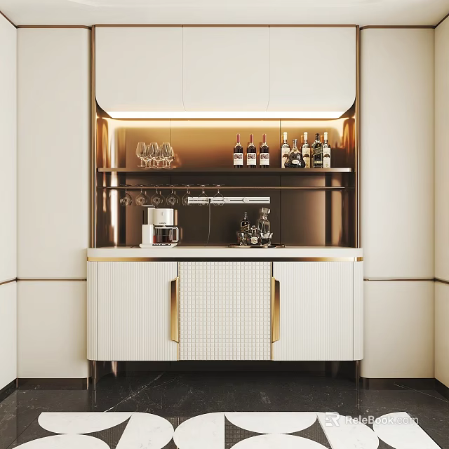 Modern Wine Cabinet Design With White Cabinetry Gold Handles And Wine Glass Storage 3d model 