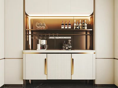 Modern Wine Cabinet Design With White Cabinetry Gold Handles And Wine Glass Storage 3d model