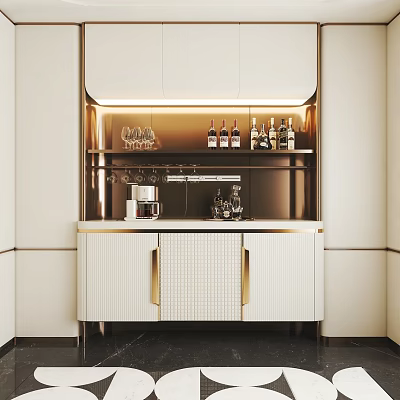 Modern Wine Cabinet Design With White Cabinetry Gold Handles And Wine Glass Storage 3d model