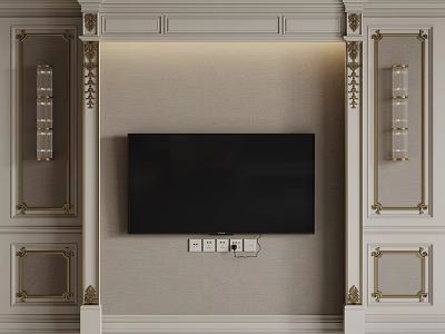 Luxurious TV Background Wall With Gold Ornate Moldings And Beige Textured Panel 3d model