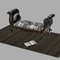 Classic Wooden Frame Footstool With Blue White Floral Cushion And Open Book On Patterned Rug