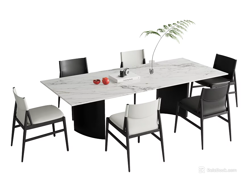Modern Rectangular Dining Table Set With Marble Top Gray White Chairs And Green Plant Vase 3d model