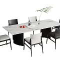 Modern Rectangular Dining Table Set With Marble Top Gray White Chairs And Green Plant Vase 3d model