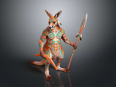 Aboriginal Style Kangaroo With Colorful Tribal Patterns Holding Spear And Staff 3d model