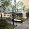 Modern Courtyard Garden with High Rise Residential Buildings Entrance Trees and Waterfront