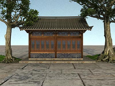 Traditional Ancient Building Featuring Tiled Roof Wooden Structure Big Trees And Stone Pavement 3d model