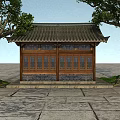 Traditional Ancient Building Featuring Tiled Roof Wooden Structure Big Trees And Stone Pavement