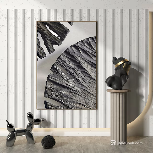 Modern Interior Decor With Abstract Leaf Painting And Black Sculpture 3d model