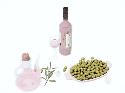 Fresh Green Olives with Olive Oil Bottle Wine Glass and Branch on White Background 3d model