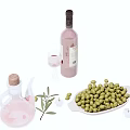 Fresh Green Olives with Olive Oil Bottle Wine Glass and Branch on White Background