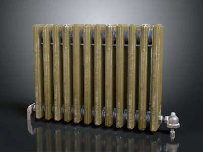 Vintage Cast Iron Radiator With Brass Valves And Multiple Columns For Home Heating System 3d model