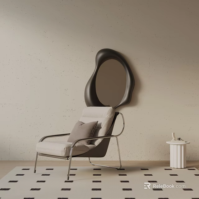 Lounge Chair with Beige Wall Black Abstract Mirror White Side Table and Black Square Rug 3d model 