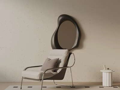 Lounge Chair with Beige Wall Black Abstract Mirror White Side Table and Black Square Rug 3d model