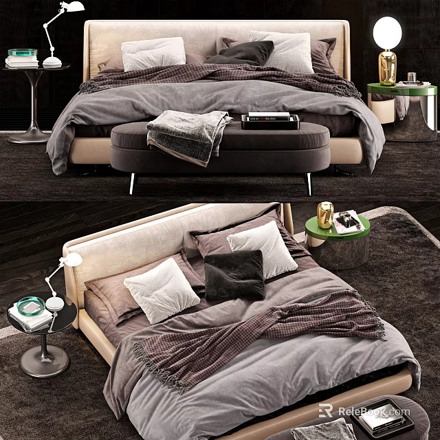 Elegant Double Bed With Soft Bedding Multiple Pillows Cozy Blanket And Nightstand 3d model 