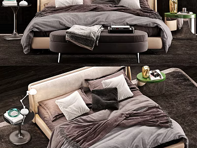 Elegant Double Bed With Soft Bedding Multiple Pillows Cozy Blanket And Nightstand 3d model