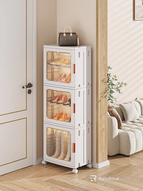 Modern White Shoe Cabinet with Transparent Doors Multiple Shelves and Shoes in Living Room 3d model 