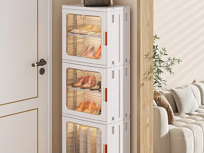 Modern White Shoe Cabinet with Transparent Doors Multiple Shelves and Shoes in Living Room 3d model