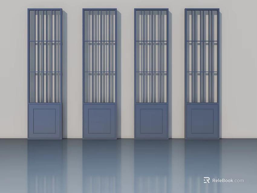Four Blue Swing Doors With Vertical Grilles And Solid Lower Panels In Interior 3d model