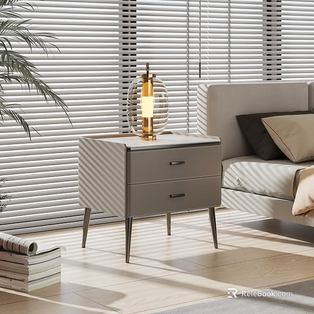 Modern Nightstand Interior With Drawers Metal Legs Gold Table Lamp Beside Sofa And Window Blinds 3d model 