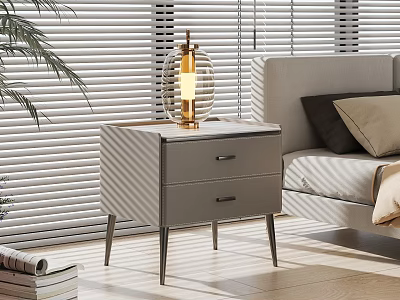 Modern Nightstand Interior With Drawers Metal Legs Gold Table Lamp Beside Sofa And Window Blinds 3d model