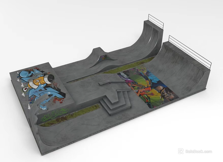 Urban Skatepark Design With Concrete Ramps Stairs And Colorful Graffiti Art 3d model 