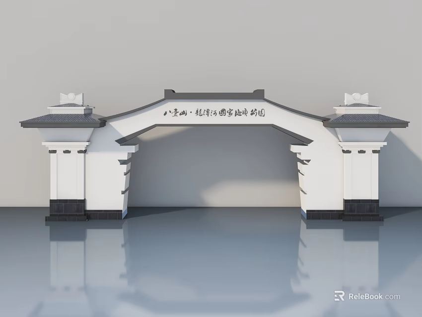 Traditional Chinese Flush Door Design With Symmetrical Gate Black Roof And White Frame 3d model 