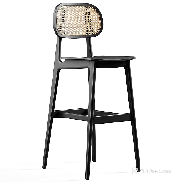 Modern Black Bar Stool With Woven Backrest And Wooden Frame Design 3d model 