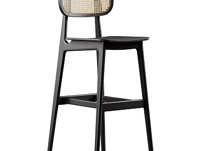 Modern Black Bar Stool With Woven Backrest And Wooden Frame Design 3d model