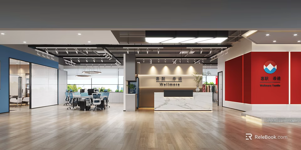 Modern Office Reception Desk With Marble Countertop Wooden Floor And Ceiling Lighting 3d model 