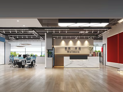 Modern Office Reception Desk With Marble Countertop Wooden Floor And Ceiling Lighting 3d model