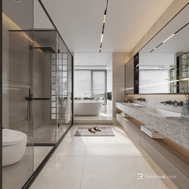 Modern Bathroom Interior With Glass Shower Freestanding Bathtub Double Vanity And Marble Countertop 3d model 