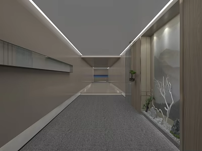 Modern Elevator Corridor Design With Wooden Panels Glass Partition And Carpeted Floor 3d model
