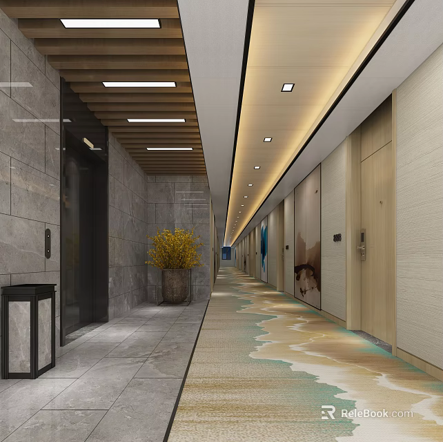 Modern Hotel Corridor With Ceiling Lights Patterned Carpet And Decorative Plant 3d model 